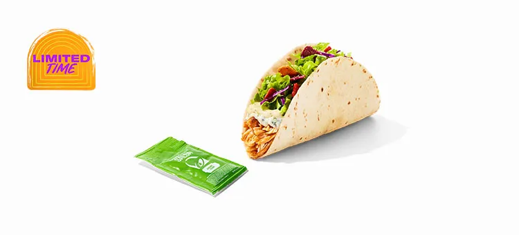 Cantina Chicken Caesar Soft Taco: A warm flour tortilla filled with savory, slow-roasted chicken, Poblano Caesar sauce…