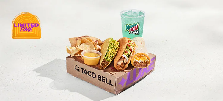 Supreme Luxe Box: Includes a Chicken Chalupa Supreme, a Beefy 5 Layer Burrito, a Crunchy Taco, Chips & Cheese, and a medium…