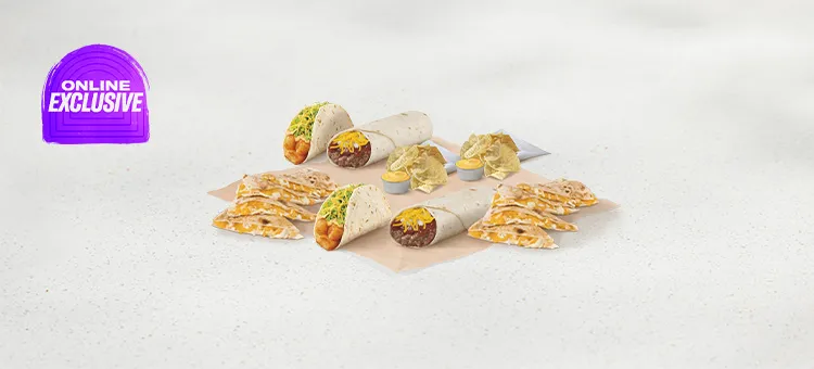 Veggie Meal for 2: Includes two Cheese Quesadillas, two Bean Burritos, two Spicy Potato Soft Tacos, and two orders of Chips…