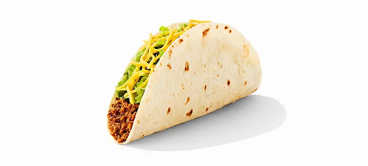 Soft Taco: A warm flour tortilla filled with seasoned beef, lettuce, and shredded cheddar cheese.