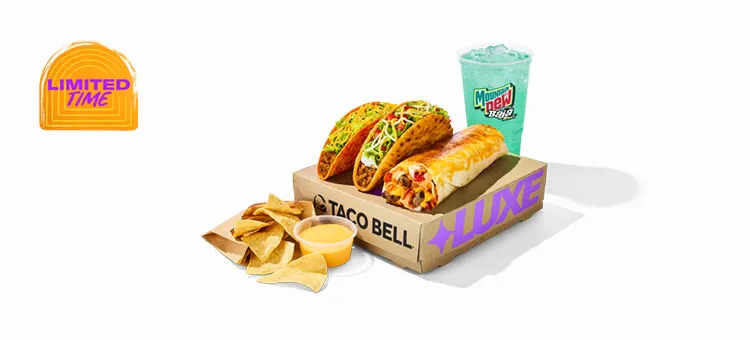 Ultimate Luxe Box™: Includes a Steak Grilled Cheese Burrito, a Seasoned Beef Chalupa Supreme, a Nacho Cheese Doritos® Locos…