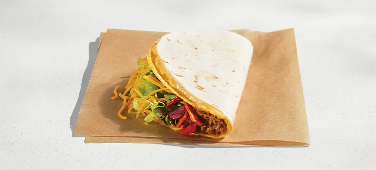 Double Stacked Taco: A crunchy taco shell filled with seasoned beef, lettuce, crunchy fiesta strips, and shredded cheddar…