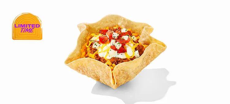 Mini Chili Cheese Bowl: A crispy flour taco shell bowl filled with seasoned rice, savory beef chili, shredded cheddar…