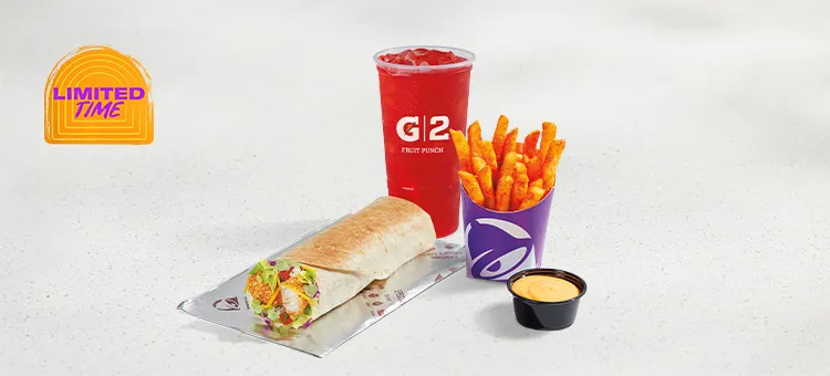Crispy Chicken Avocado Ranch Combo: Crispy chicken avocado ranch burrito, reg fries served with nacho cheese and a large…