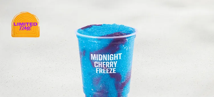 Midnight Cherry Freeze: A sweet, blue raspberry-flavored Freeze with a swirl of black cherry flavor. Served in a regular…