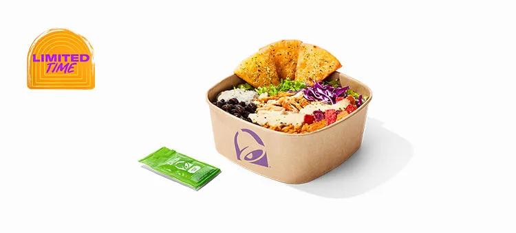 Cantina Chicken Caesar Bowl: Savory, slow-roasted chicken, seasoned rice, slow-simmered black beans, Poblano Caesar sauce…