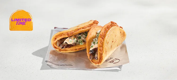 Steak Cheesy Street Chalupas: Two cheesy street-sized chalupa shells filled with marinated, grilled steak, Jalapeño Ranch…