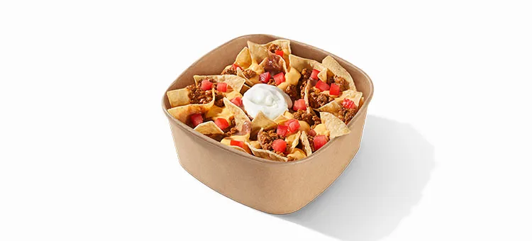 Nachos BellGrande®: Warm-and-crispy tortilla chips with seasoned beef, refried beans, diced tomatoes, warm Nacho Cheese…