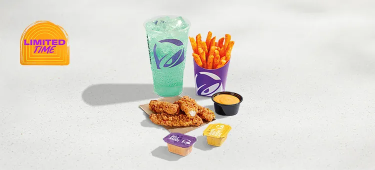Crispy Chicken Strips 4pk Combo: Four crispy chicken strips served with spicy ranch sauce, reg fries served with nacho…