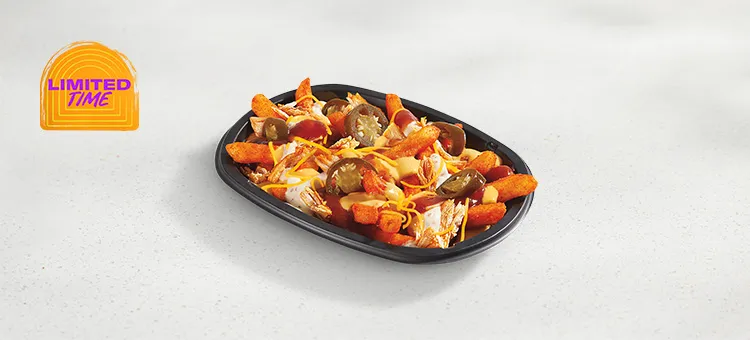 BBQ Chicken Topped Fries: Golden, crisp Nacho Fries topped slow roasted chicken, spicy ranch sauce, cheddar cheese, nacho…