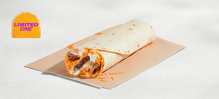 Cheesy Melt Grilled Steak Burrito: Includes a warm flour tortilla loaded with grilled, marinated steak, seasoned rice, cool…