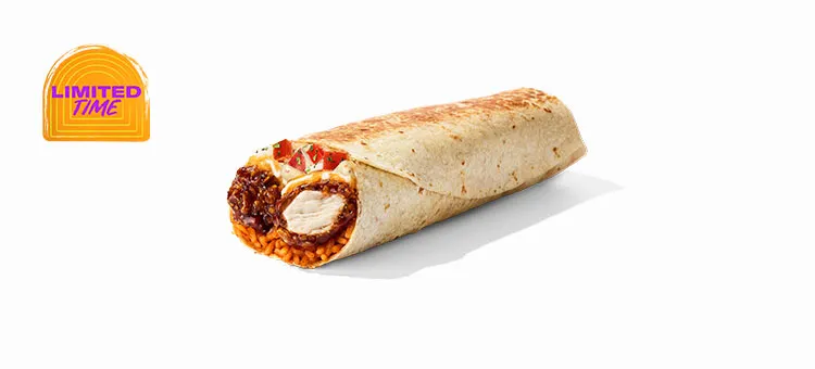 Sweet Chipotle Lime Crispy Chicken Burrito: A warm flour tortilla filled with premium all-white-meat, marinated chicken…