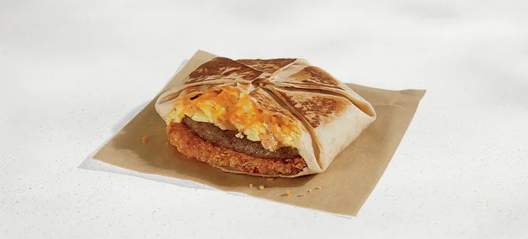 Breakfast Crunchwrap Sausage: A warm flour tortilla filled with a hash brown, fluffy cage-free eggs, delicious sausage…