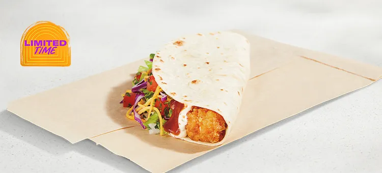 Sweet Chipotle BBQ Crispy Chicken Taco: A warm flour tortilla filled with a strip of premium all-white meat crispy chicken…