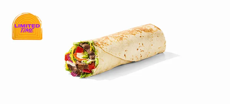 Fresca Pepper Jack Steak Burrito: A warm flour tortilla filled with grilled, marinated steak, new flavorful Pepper Jack…