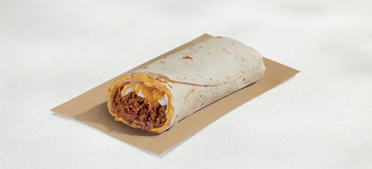 Beefy 5-Layer Burrito: A warm flour tortilla filled with seasoned beef, refried beans, reduced-fat sour cream, and shredded…