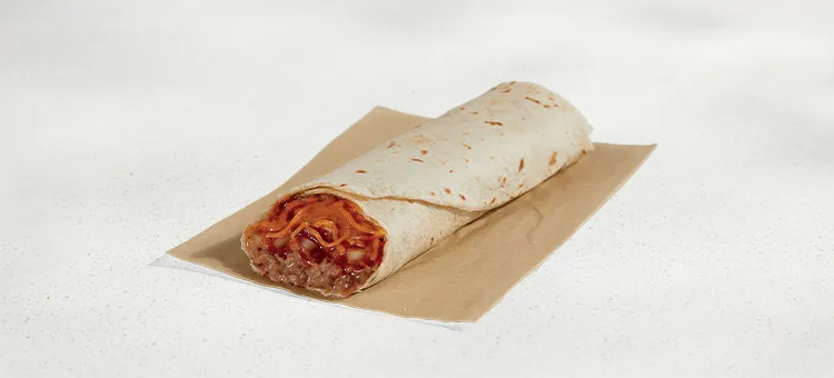 Bean Burrito: A warm flour tortilla filled with refried beans, Red Sauce, diced onions, and shredded cheddar cheese.