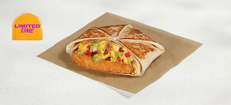 Breakfast California Crunchwrap: A warm flour tortilla filled with a hash brown, fluffy cage-free eggs, flavorful bacon…