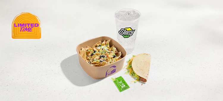 Cantina Chicken Verde Nachos Bundle: Cantina Chicken Verde Nachos, a Soft Taco and a large fountain drink. Served with an…