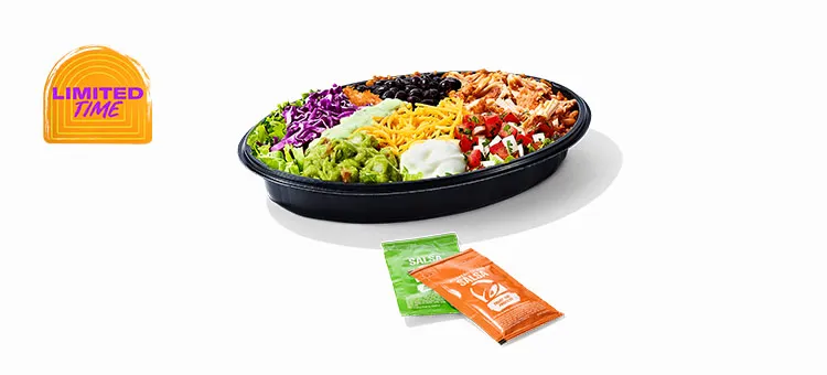 Cantina Chicken Bowl: Savory, slow-roasted chicken, seasoned rice, slow-simmered black beans, Avocado Ranch sauce…