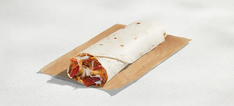Cheesy Double Beef Burrito: A warm flour tortilla filled with double the seasoned beef*, seasoned rice, warm Nacho Cheese…