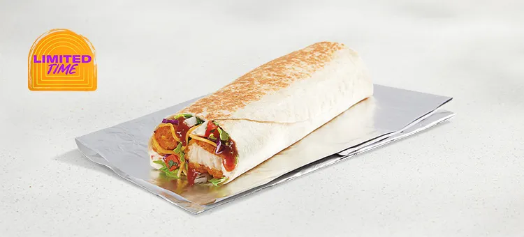 Sweet Chipotle BBQ Crispy Chicken Burrito: A warm flour tortilla filled with two strips of premium all-white meat crispy…