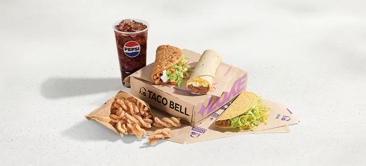 Supreme Luxe Box™: Chicken Chalupa Supreme, Beefy 5-Layer Burrito, Crunchy Taco, Twists, medium drink.