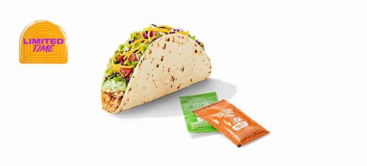 Cantina Chicken Soft Taco: A warm flour tortilla filled with savory, slow-roasted chicken, lettuce, shredded purple…