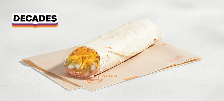 Green Sauce Burrito: A burrito loaded with savory refried beans, crunchy onions, shredded cheddar cheese and green sauce…
