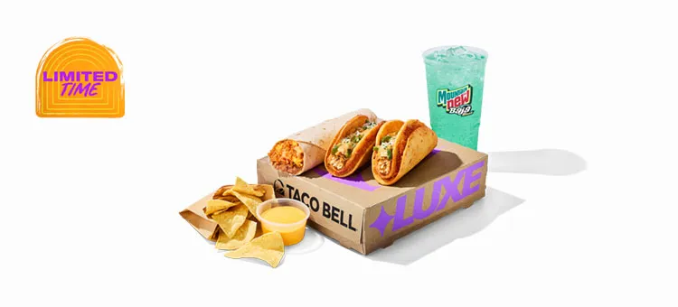 Discovery Luxe Box™: Includes slow-roasted chicken fajita street chalupas, 1 Cheesy Bean and Rice Burrito, 1 Cinnamon…