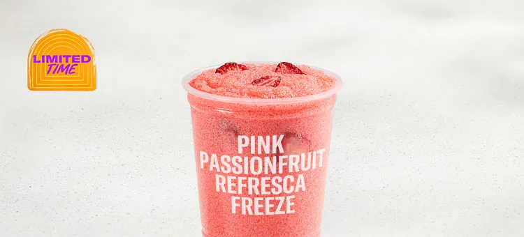 Pink Passionfruit Refresca Freeze: A sweet pink passionfruit frozen slushy with juicy flavors of pineapple, mixed with real…