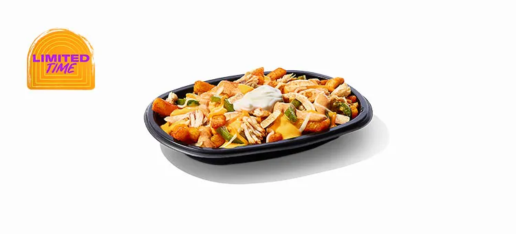 Chicken Fajita Nacho Fries: Golden, crisp Nacho Fries topped with savory, slow-roasted chicken, boldly…