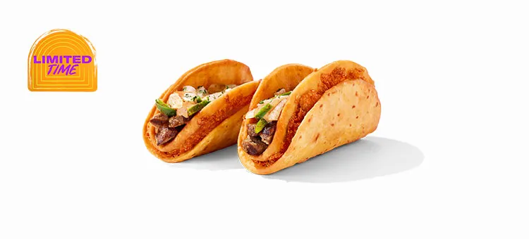 Steak Fajita Street Chalupas: A set of two cheesy street-sized chalupa shells filled with grilled, marinated steak, boldly…