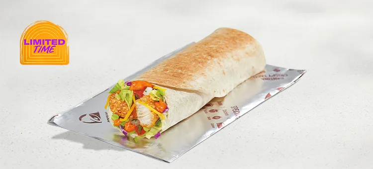Spicy Ranchero Crispy Chicken Burrito: A warm flour tortilla filled with two strips of premium all-white meat crispy…