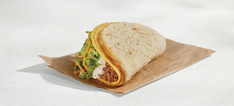 Cheesy Gordita Crunch: A warm, pillowy flatbread filled with a blend of mozzarella, pepperjack, and cheddar cheeses wrapped…