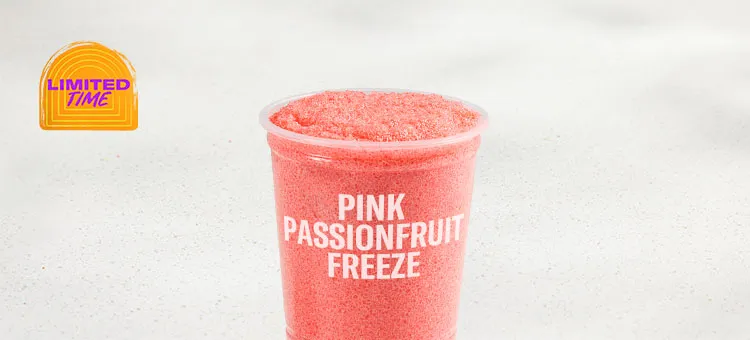 Pink Passionfruit Freeze: A sweet pink passionfruit frozen slushy with juicy flavors of pineapple.