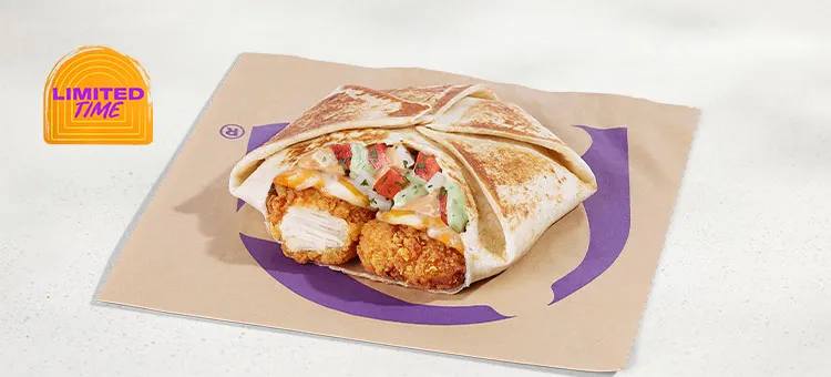 Crispy Chicken Crunchwrap: A warm flour tortilla filled with premium all-white-meat, marinated chicken seasoned with bold…